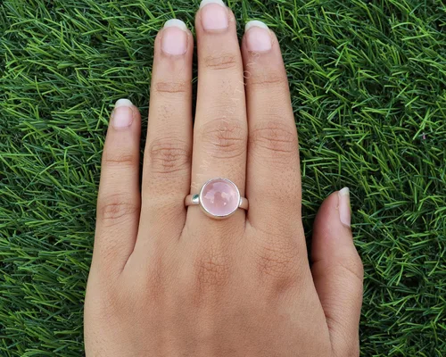 Anillo de plata de cuarzo rosa | Anillo de cuarzo rosa redondo natural | Plata de ley 925 | Joyería hecha a mano