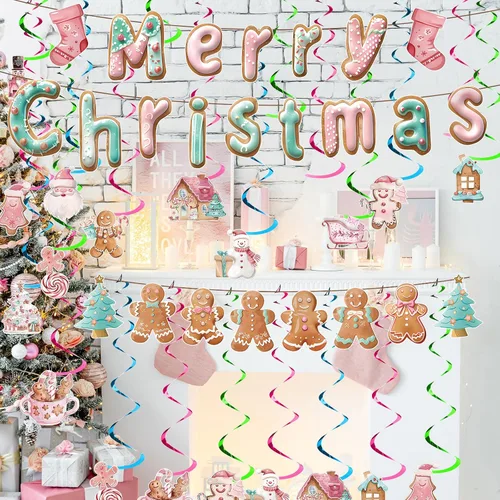 Miniatura 7 de Newwiee 38 piezas de pancartas colgantes de remolinos colgantes de Navidad de color rosa pastel de pan de jengibre, decoración de arroyos colgantes