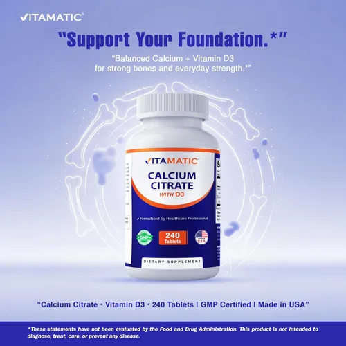 Miniatura 5 de Vitamatic Citrato de Calcio con Vitamina D3 – 240 Tabletas – Citrato de Calcio de Alta Absorción con D3 – Sin OGM, Sin Gluten