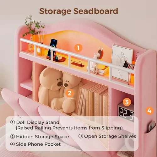 Miniatura 4 de Base de cama LED individual con cabecera de almacenamiento y 2 cajones de almacenamiento, cama tapizada de terciopelo princesa con diseño de Rosa
