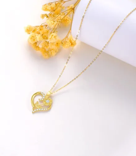 Miniatura 11 de Collar de flor de nacimiento de oro real de 14 quilates para mujer, oro amarillo creado moissanita con colgante de corazón, collares