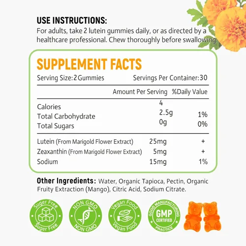 Miniatura 5 de Gomitas de luteína de 25 mg – Vitaminas para los ojos Luteína y Zeaxantina Suplementos para la salud ocular para adultos, suplemento de gomitas