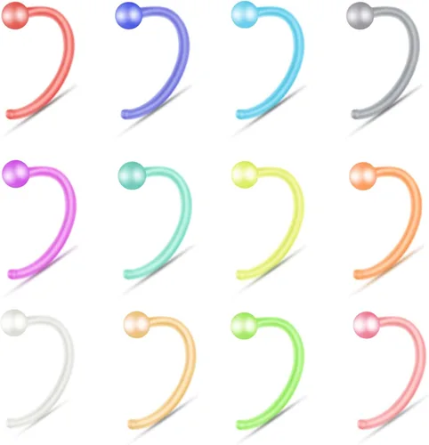 Miniatura 10 de ZS 12 piezas 20G Anillos retenedor de nariz flexibles Bioflex coloridos, aretes de nariz transparentes y flexibles de bioplástico para perforación