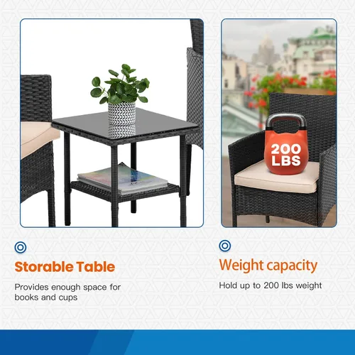 Miniatura 4 de FDW Juego de muebles de patio de 3 piezas Negro Muebles de mimbre para exteriores con mesa de café Juego de sillas de ratán moderno