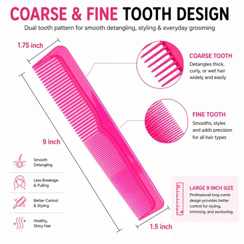 Miniatura 2 de Juego de peines grandes para el cabello (paquete de 6) – Peines de peluquero de dientes gruesos y finos de 9 pulgadas para cabello húmedo, grueso