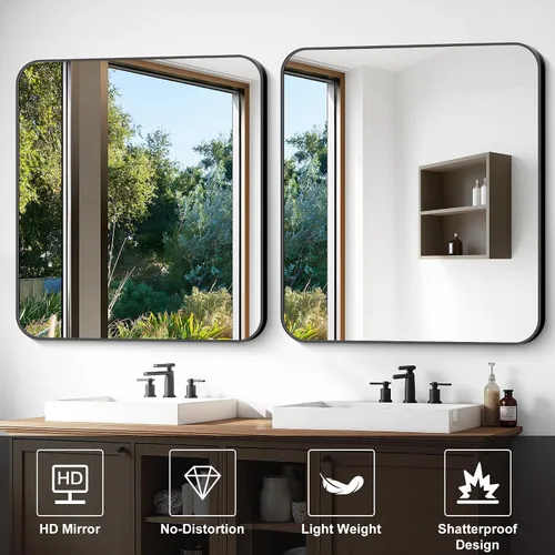 Miniatura 4 de Espejo de baño de 40 x 36 pulgadas, espejo rectangular de pared negro con marco de metal, espejo de tocador rectangular con esquinas redondeadas