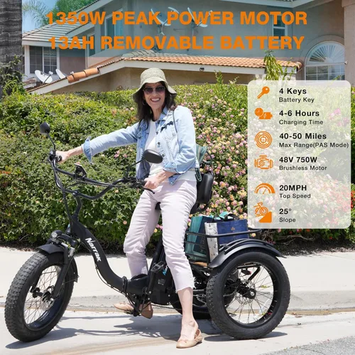 Miniatura 5 de NARRAK Triciclo eléctrico para adultos, triciclo eléctrico plegable con neumáticos gruesos, bicicletas eléctricas de 3 ruedas, pico de 1350 W