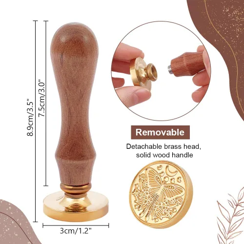 Miniatura 2 de PH PandaHall Kit de sellos de cera de mariposa de 1.181 in, sello de sellado de cera extraíble retro con mango de madera para sobres de boda