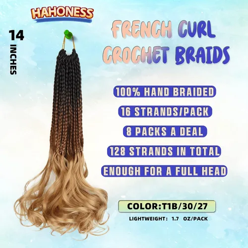Miniatura 2 de Rizos franceses de cabello de ganchillo para mujeres negras, 14 pulgadas, paquete de 8 unidades, de color marrón degradado a rubio, suave