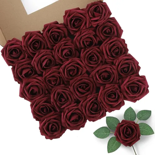 Miniatura 14 de DuHouse 25 rosas artificiales con tallos, flores de espuma de tacto real para bricolaje, ramo de boda, centro de mesa, arreglo floral, fiesta, Verde