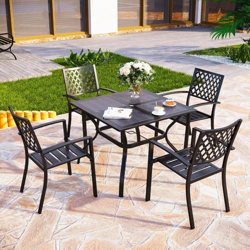 Miniatura 8 de PHI VILLA - Mesa de comedor al aire libre de 37 pulgadas, mesa de patio con malla de acero de metal, mesa de comedor con orificio para paraguas