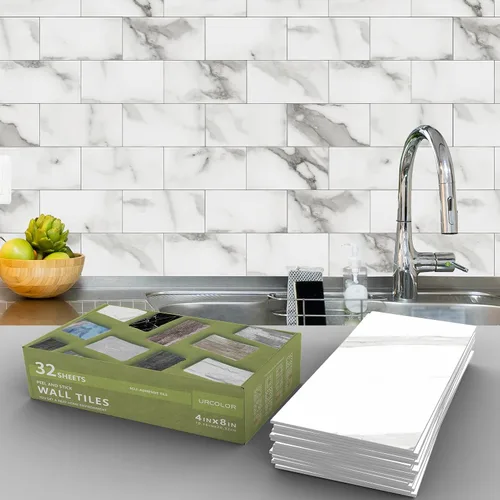 URCOLOR 32 unidades de azulejos de pared para pelar y pegar, 4 x 8 pulgadas, PVC gris blanco brillante tipo mármol en azulejos tipo Subway para