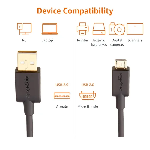 Miniatura 5 de Amazon Basics, Cable de carga USB-A a micro USB, velocidad de transferencia de 480 Mbps con conectores chapados en oro, USB 2.0, 3 pies, color negro