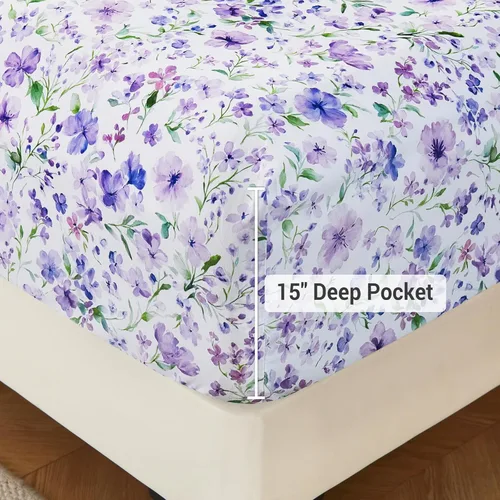 Miniatura 87 de Viviland Juego de sábanas de 3 piezas con estampado botánico de mariposas y flores rosas y moradas, sábanas de microfibra suave y transpirable