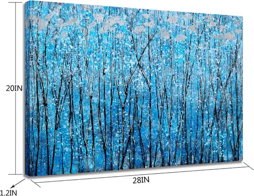 Miniatura 3 de SYGALLERIER Lienzo abstracto de árbol con pinturas texturizadas pintadas a mano en negro y azul con lámina plateada, imágenes modernas del bosque