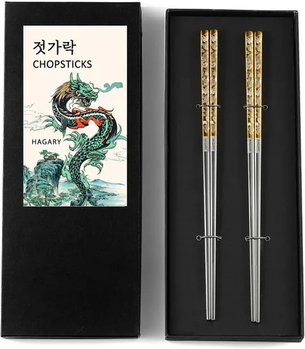 Miniatura 10 de Hagary Palillos de Dragón de Metal Reutilizables Diseñados en Corea Estilo Japonés de Acero Inoxidable 316 18/10 Antideslizantes 2 Pares Aptos