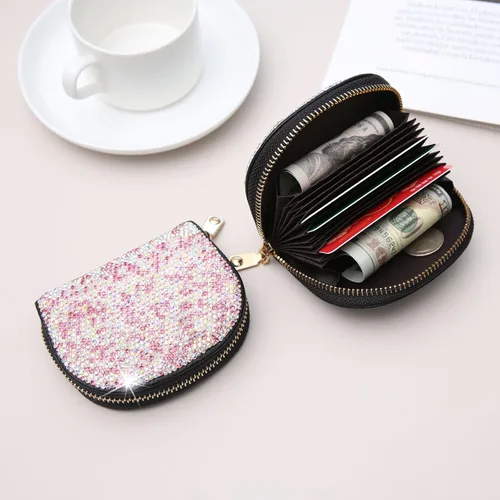 Miniatura 10 de AsAlways RFID Rhinestone titular de la tarjeta de crédito semicírculo multicapa cremallera caso Bling Crystal Slim pequeña cartera para mujeres
