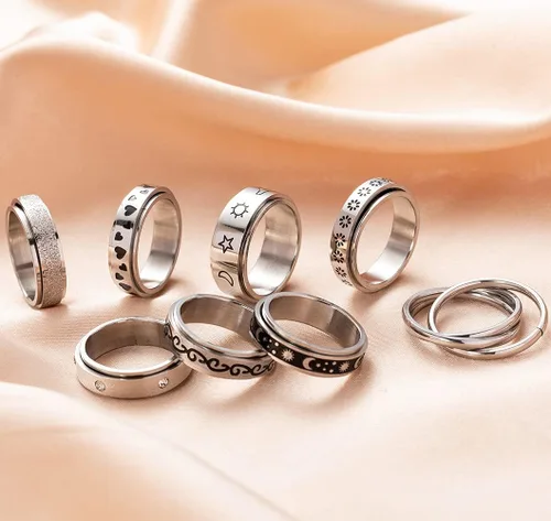 Miniatura 6 de KELAIEN 8 anillos de acero inoxidable para mujeres y hombres, anillos giratorios para ansiedad, anillos giratorios, flores, luna, estrella, sol