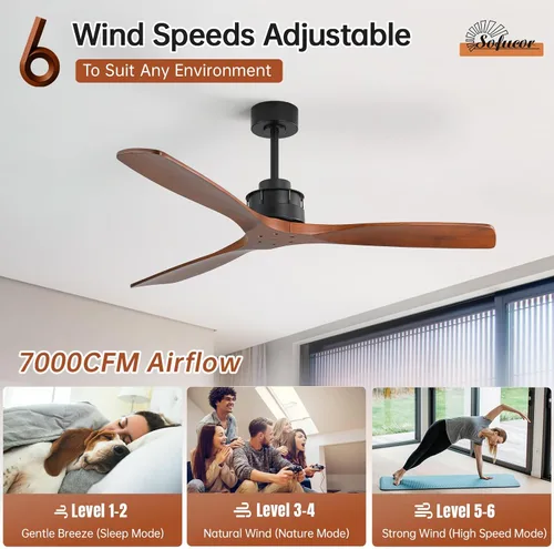 Miniatura 2 de Sofucor - Ventilador de techo moderno de madera maciza sin luces, de 60 pulgadas, con control remoto, 7000 CFM de alto flujo de aire, motor CC Con