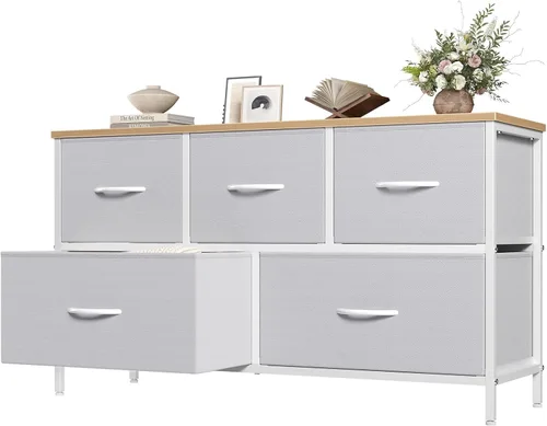 Miniatura 12 de OLIXIS Cómoda para dormitorio con 5 cajones, cómoda ancha, cómoda de tela para dormitorio con organizador de cajones, unidad organizadora de Roble
