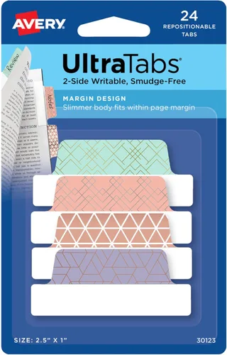 Miniatura 10 de Avery, pestañas para margen Ultra, 2.5 pulgadas x 1 pulgada, escritura en ambos lados, varios metálicos, 24 pestañas de página reposicionables