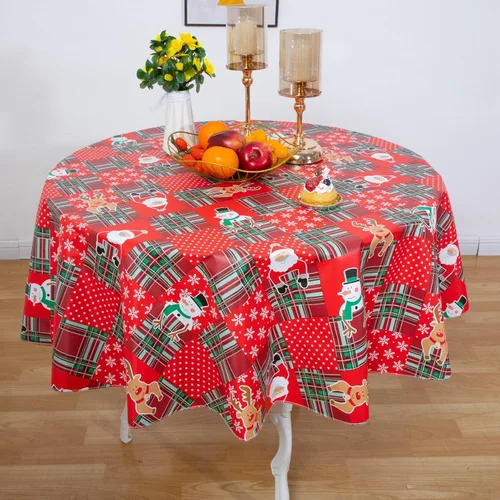 Mantel de vinilo desechable con reverso de franela, impermeable, patrón de copo de nieve y reno (60 pulgadas, 2-4 asientos)