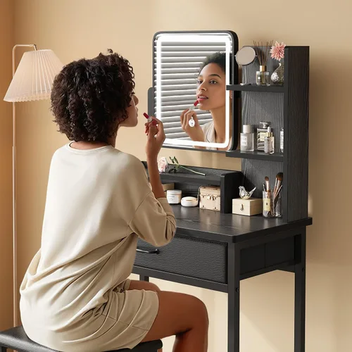 Miniatura 3 de YeTom Escritorio de maquillaje con espejo y luces, tocador pequeño con cajón de almacenamiento de tela, estantes y mesa auxiliar, tocador de Negro