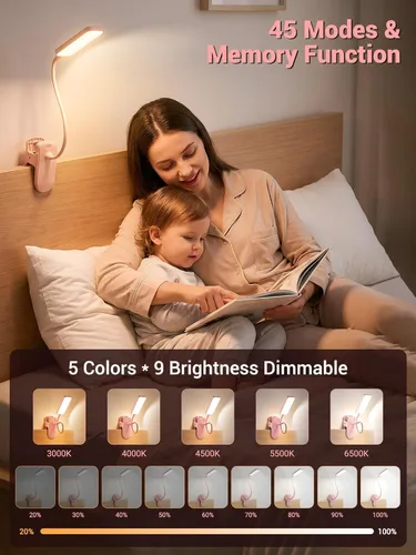 Miniatura 2 de Lámpara de escritorio rosa linda luz de lectura, 45 modos de luz regulable con clip con batería de 4000 mAh, lámpara de escritorio recargable de 450