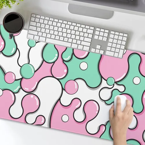 Miniatura 6 de Alfombrilla de ratón rosa y verde anime geométrica japonesa extendida para escritorio 90X40 CM, base de goma antideslizante, borde cosido