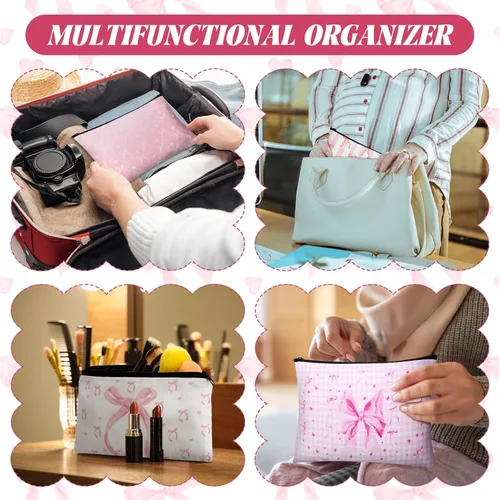 Miniatura 6 de Kacctyen 9 bolsas de maquillaje con lazo rosa para mujer, bolsa de cosméticos de coqueta a granel, bolsa de coqueta de regalo con cremallera