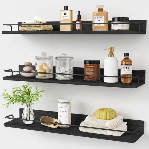 Miniatura 12 de Forbena Juego de 3 estantes flotantes dorados para decoración de pared, estantes de baño sobre el inodoro, estante de pared moderno con riel Blanco