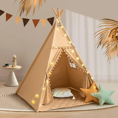 Miniatura 10 de WIRHAO Tienda de campaña tipi para niños con alfombrilla acolchada, lona de algodón, tipi con pompón para niños pequeños, tienda de campaña