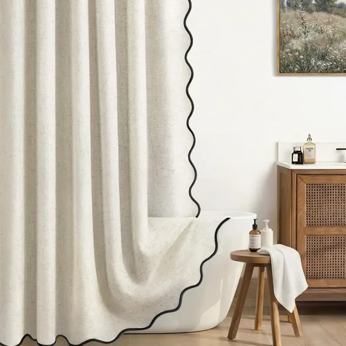 Miniatura 11 de Cortina de Ducha de Lino Beige Bonita Negra Festoneada Boho Moderna Cortinas de Ducha para Baño Juego, 48" W x 72" L