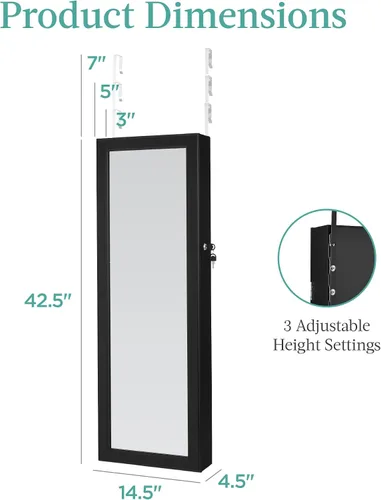 Miniatura 7 de Best Choice Products Armario de joyería con espejo LED, organizador de joyas montado en la pared o en la puerta con espejo, 2 cajones, cerradura