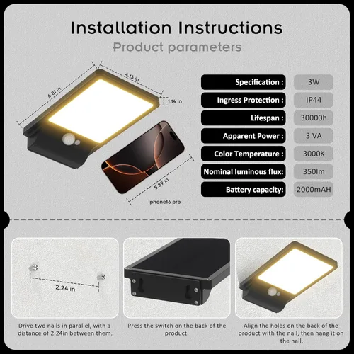 Miniatura 8 de Luz solar para exteriores, pared, paso, puerta, poste, blanco cálido de 3000 K, batería de litio de 2000 mAh, 350 lm, impermeable, sensor