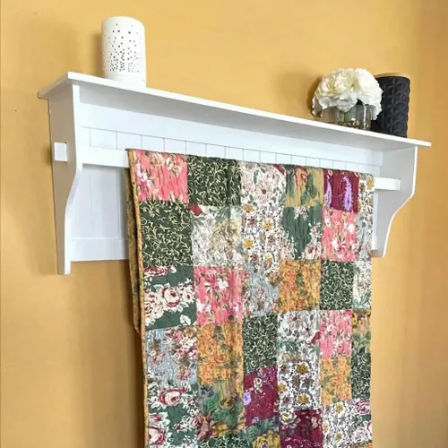 Miniatura 8 de RELODECOR Estante de edredón montado en la pared con estante, madera de pino maciza, estilo rústico de granja para decoración de dormitorio y sala