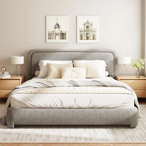 Base de cama Boucle tamaño King, plataforma tapizada en nube con cabecero ajustable en altura y esquinas redondeadas suaves, no necesita somier, sin