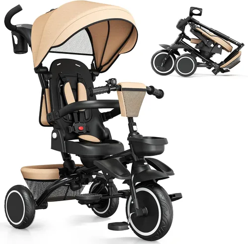 Miniatura 9 de TODEFULL - Triciclo plegable para niños, 8 en 1, triciclo para bebé con toldo extraíble y ajustable, mango para padres, arnés de seguridad de 5