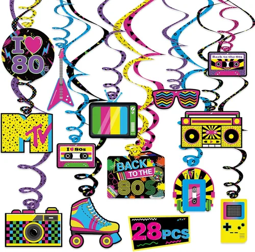 Bessmoso 28 decoraciones de fiesta de los años 80: espirales colgantes retro y serpentinas de techo para cumpleaños de los años 80, suministros de