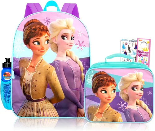 Disney Frozen Anna and Elsa - Mochila escolar para niñas, paquete con bolsa escolar de Frozen de 16 pulgadas, bolsa de almuerzo, botella de agua de