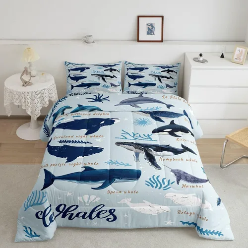 Miniatura 32 de Erosebridal Blue Ocean - Juego de edredón tamaño individual Juego de ropa de cama de ballena delfín y tortuga marina para niños y niñas, juego