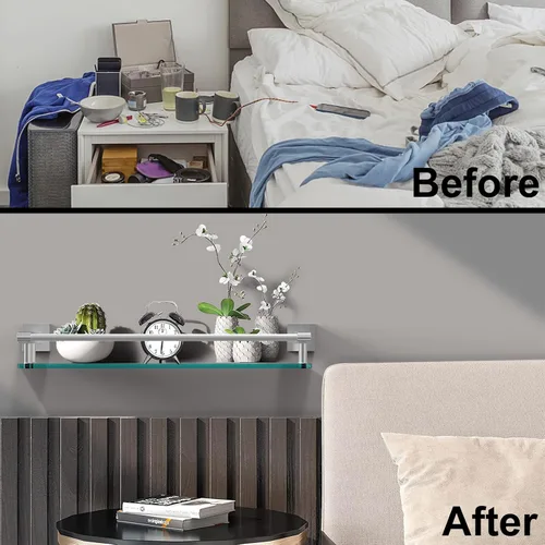Miniatura 7 de Estante de vidrio de 20 pulgadas para baño, estantes de vidrio de níquel cepillado para pared con barandilla de acero inoxidable suave, estante
