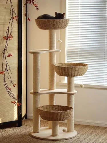 Árbol Moderno de Madera para Gatos Grandes, Torres Sólidas de Árboles para Gatos de Roble de Ratán de Lujo, 3 Nidos de Gatos Tejidos y Cojines