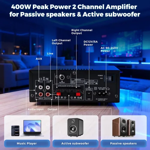 Miniatura 3 de Romicta AK50 Amplificador de audio estéreo, 400 W, sistema de amplificador de potencia Bluetooth 5.0 de 2 canales, amplificador de potencia