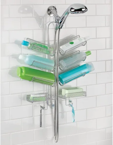 Miniatura 2 de iDesign Verona - Organizador de baño colgante de metal para manguera de ducha de mano, espacio adicional para champú, acondicionador, jabón, Bronce