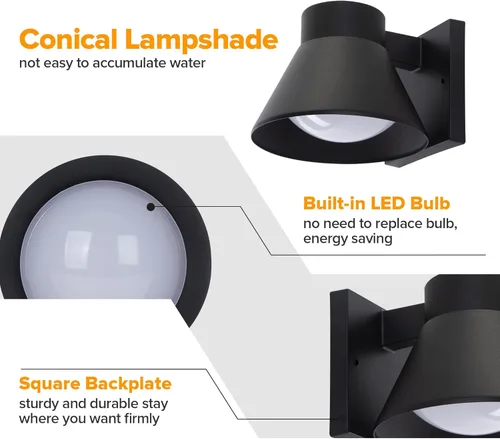 Miniatura 6 de UME Paquete de 2 lámparas LED de pared para exteriores, luces negras para porche delantero, iluminación de montaje en pared, farol de pared