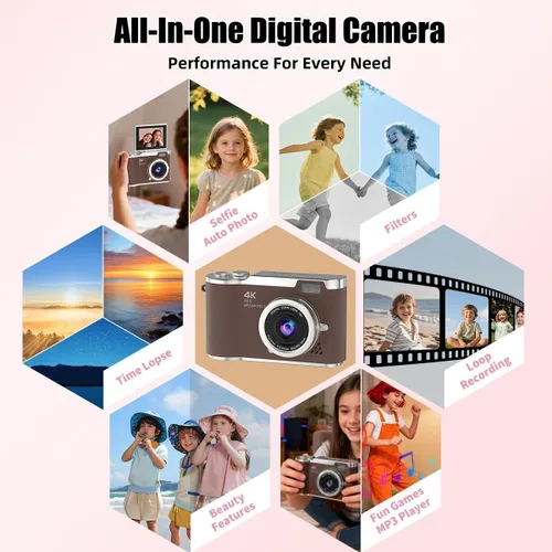 Miniatura 5 de Cámara digital 4K, cámara selfie de 48 megapíxeles con enfoque automático y pantalla giratoria de 180°, cámara digital compacta para niños con zoom