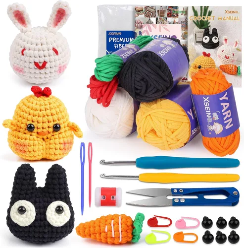 XSEINO Kit de ganchillo para principiantes, kit de inicio de ganchillo con tutoriales en video paso a paso, kit de aprendizaje para principiantes -