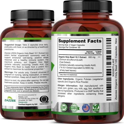 Miniatura 8 de Zazzee USDA Organic Holy Basil 10:1 Extracto, 120 cápsulas veganas, suministro para 4 meses, extracto de Tulsi, ácido ursólico, Ocimum Tenuiflorum