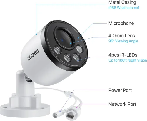 Miniatura 8 de ZOSI ZG1804E Cámara adicional de 4MP con audio, cámara de seguridad PoE para exteriores con visión nocturna, detección humana inteligente, IP66